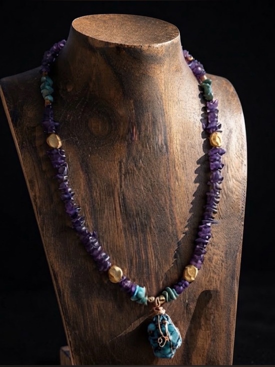 Artisan Jewelry - Handmade Gold Filled Raw Amethyst Crystal Wire Wrapped Pendant Necklace